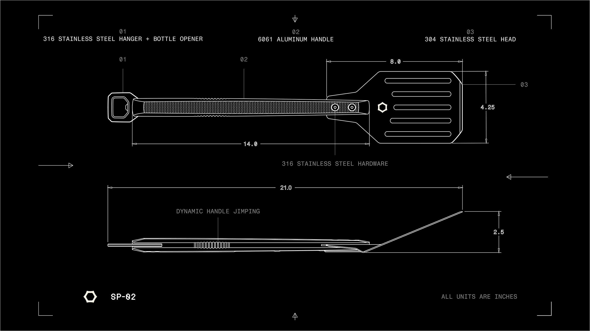 Technical blueprint-style product diagram on a black background showing a stainless steel bottle opener and matching hardware with labeled dimensions and part callouts.